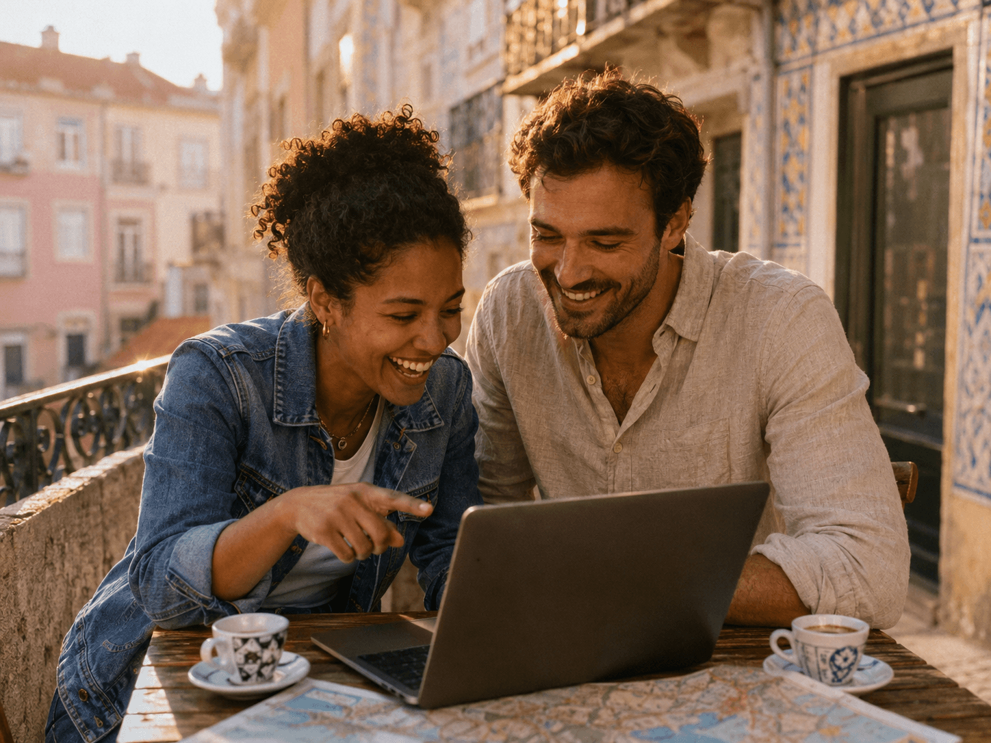 A young couple laughing over a laptop at a Lisbon balcony cafe, with a paper world map and two espresso cups on the table.