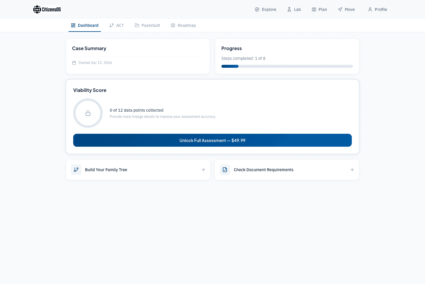 Heritage Passport dashboard preview: case summary, viability score, and roadmap toward citizenship by descent.