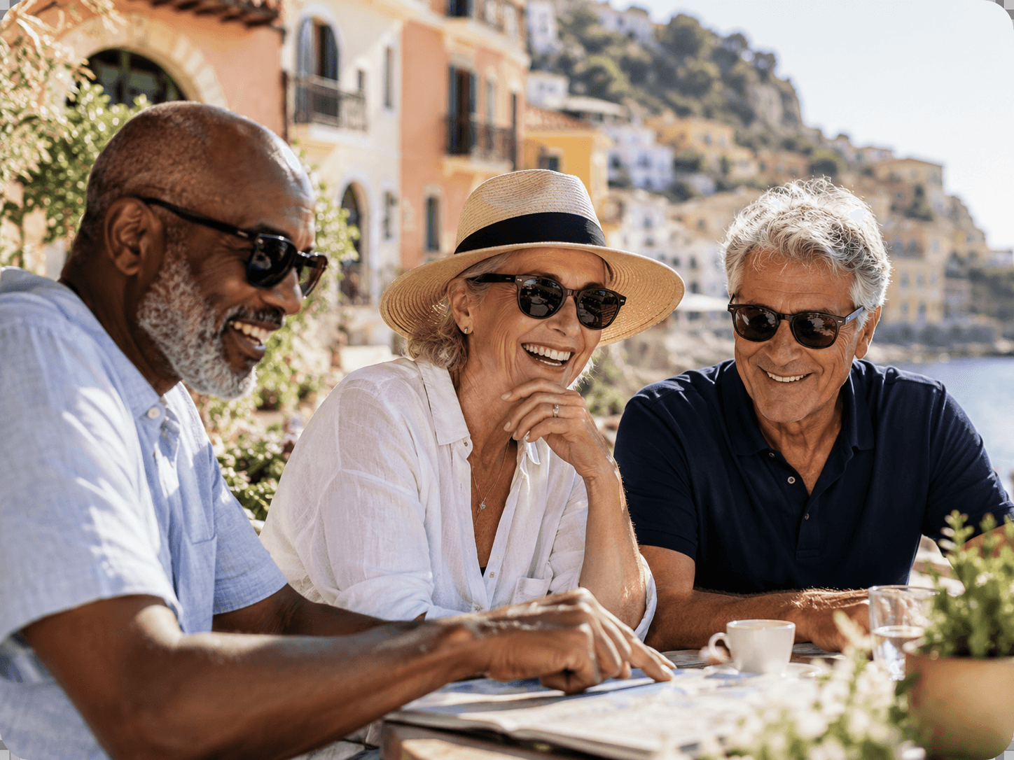 Three older friends reviewing plans together at an outdoor coastal cafe.