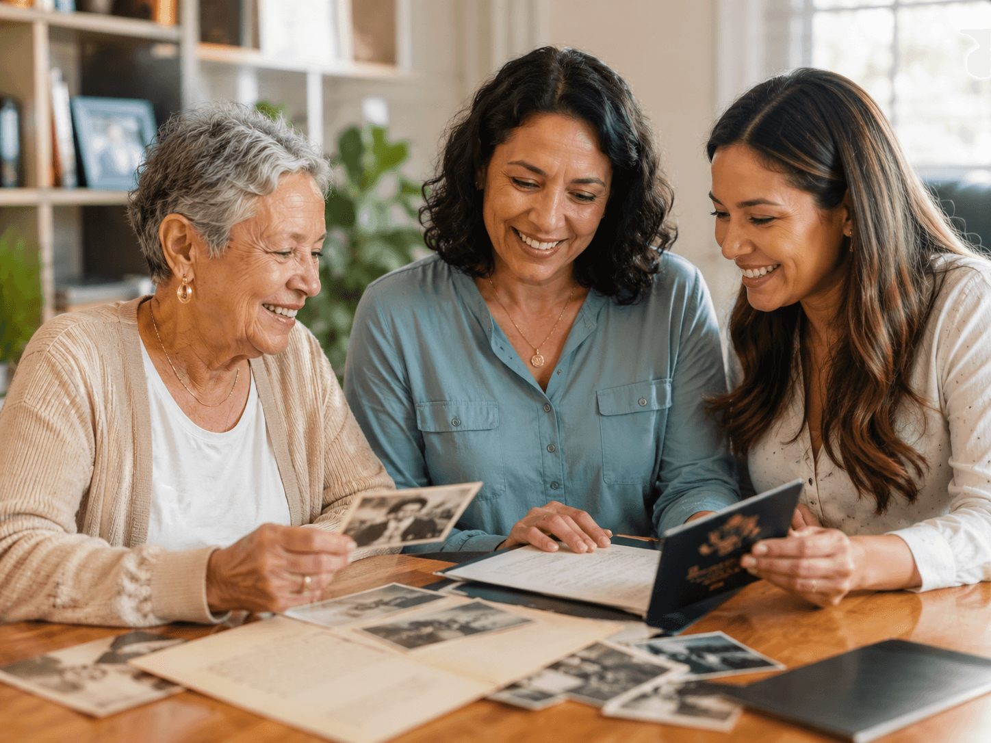 Three generations reviewing family photographs and documents together at a table.