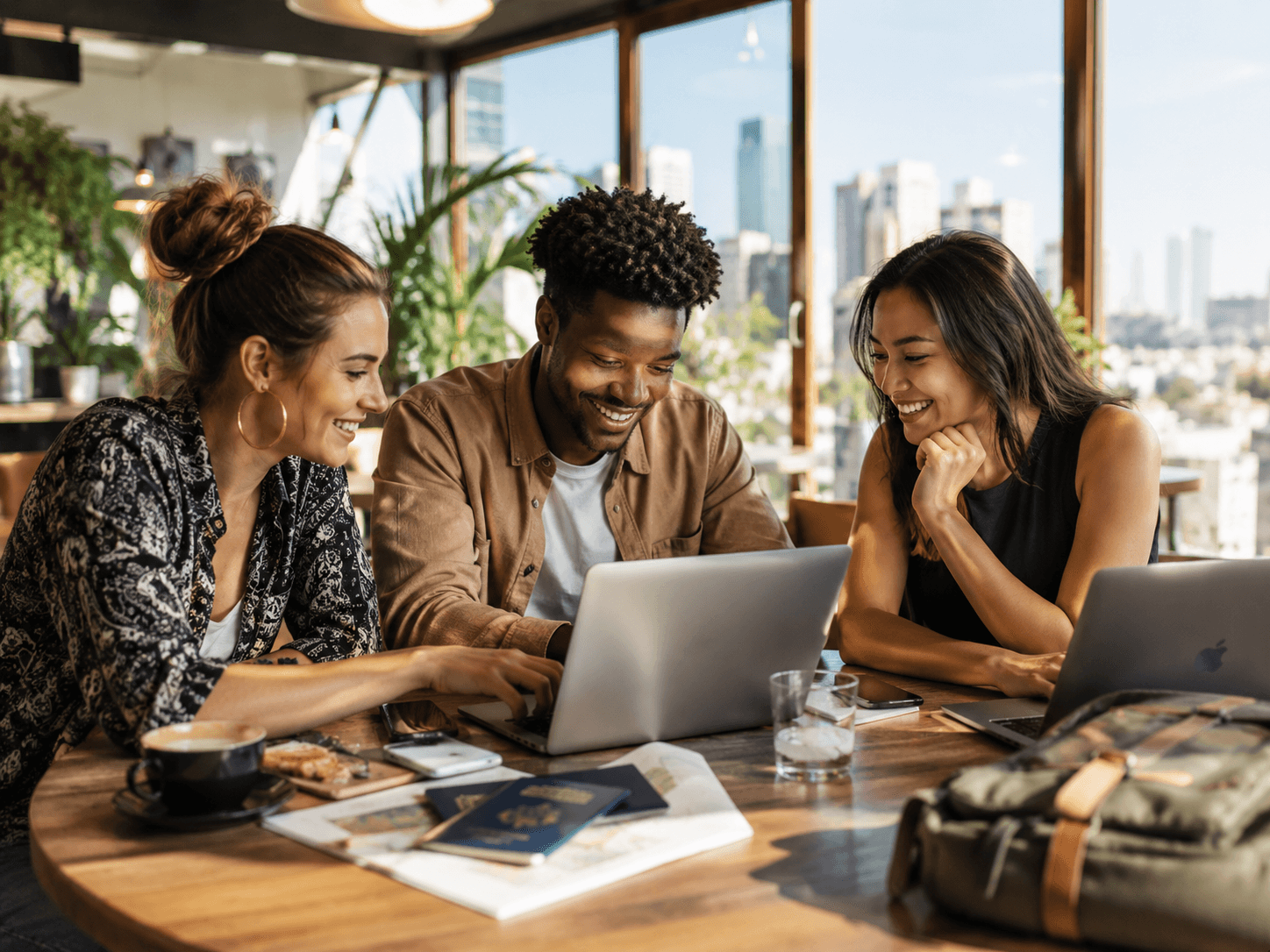 Three remote workers using laptops together in a bright shared workspace.