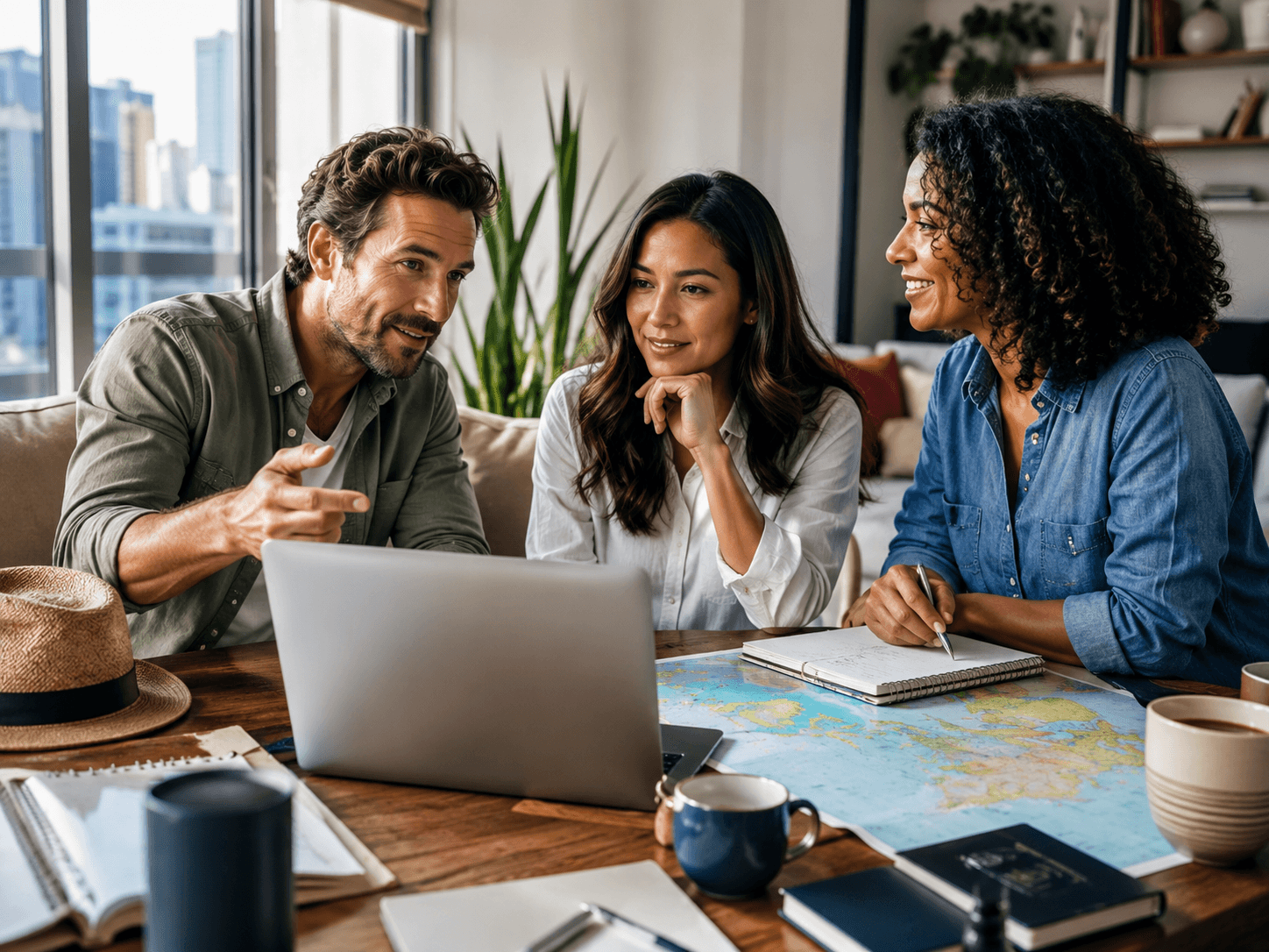 Three people comparing notes on a laptop beside a map while planning together.
