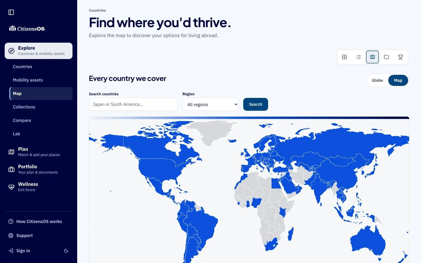 Live Explore country map in the CitizensOS app